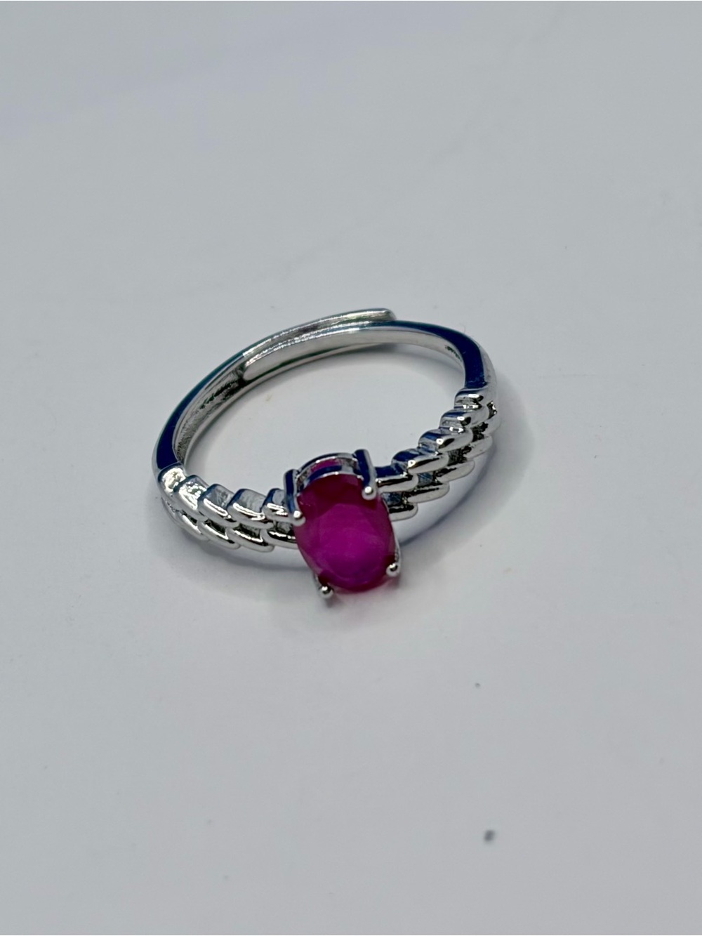 Adjustable Silver Tone Pink Oval Gemstone Ring | Braided Band | Statement Ring - Picture 5 of 6